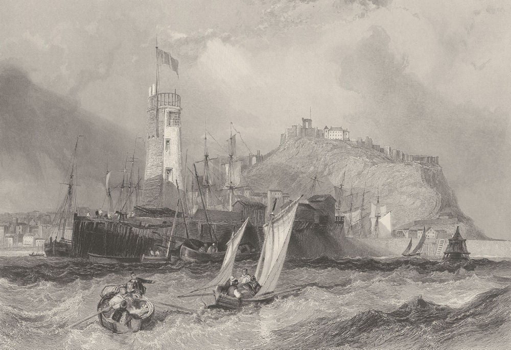 Scarborough, with the harbour & castle. Yorkshire. FINDEN 1842 old print